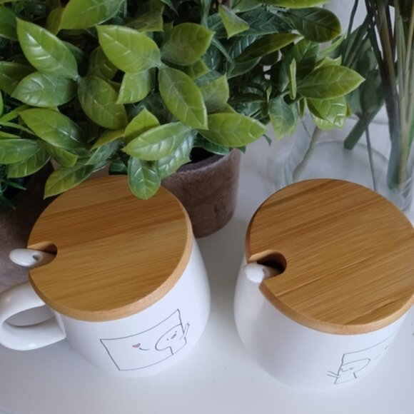 AAI Couple Coffee Mugs | 12 oz | Set of 2 | Ceramic with Bamboo Lid & Spoon - Picture 2 of 9